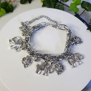 Silver Chain Elephant and Heart Charm Bracelet
